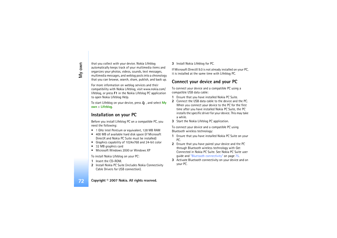 Nokia N92 manual Installation on your PC, Own Lifeblog, Copyright 2007 Nokia. All rights reserved 