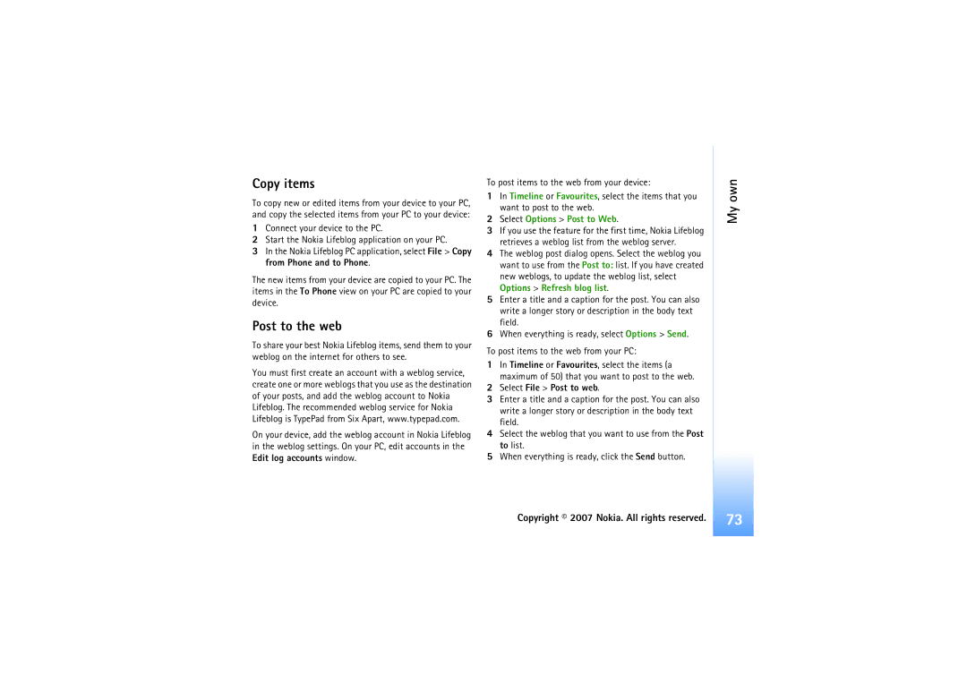 Nokia N92 manual Copy items, Post to the web, Select Options Post to Web, Select File Post to web 