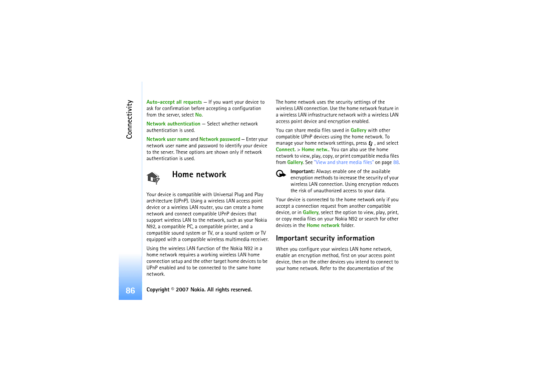 Nokia N92 manual Home network, Important security information 