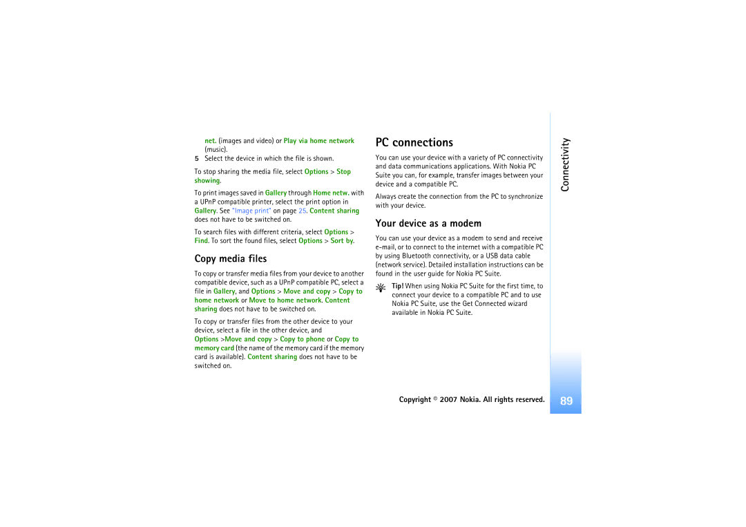 Nokia N92 manual PC connections, Copy media files, Your device as a modem 
