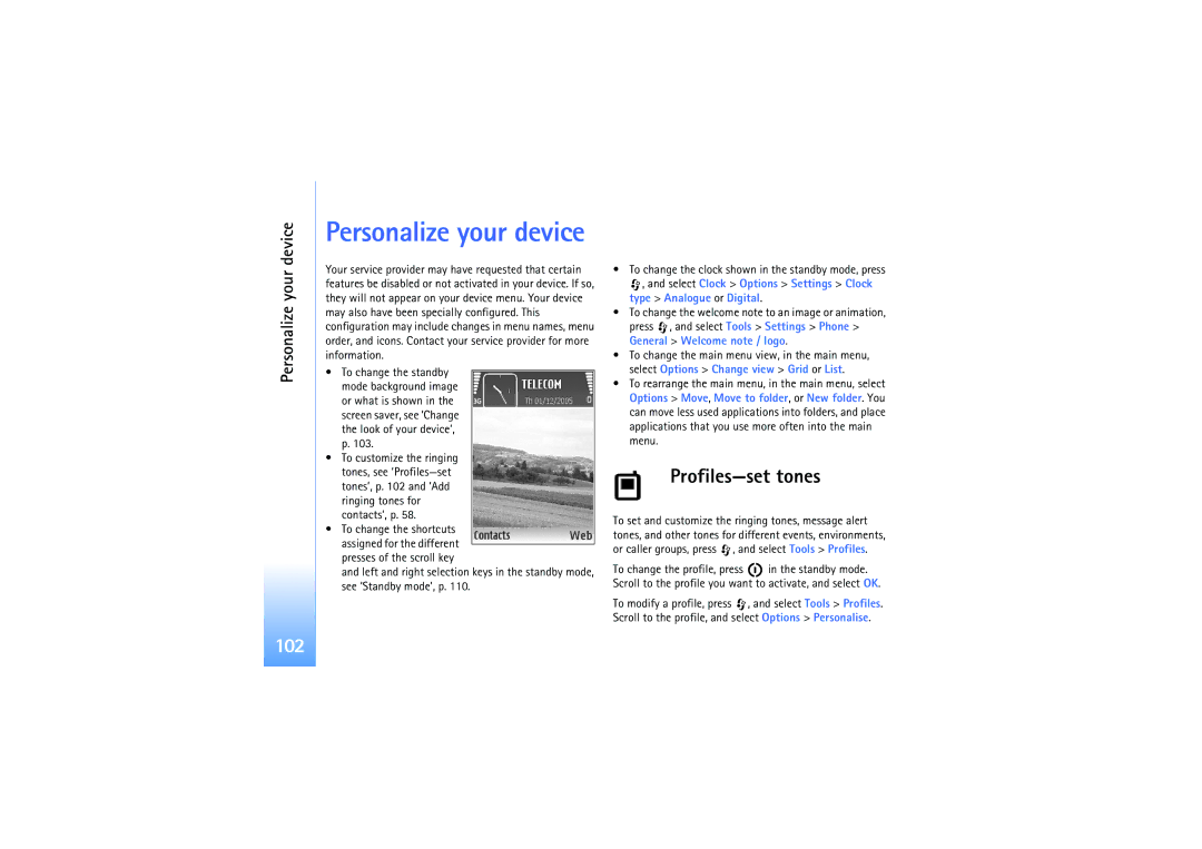 Nokia N92 manual 102, Profiles-set tones 
