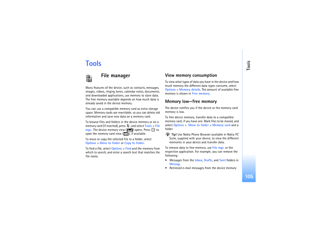Nokia N92 manual Tools, File manager, 105, View memory consumption, Memory low-free memory 