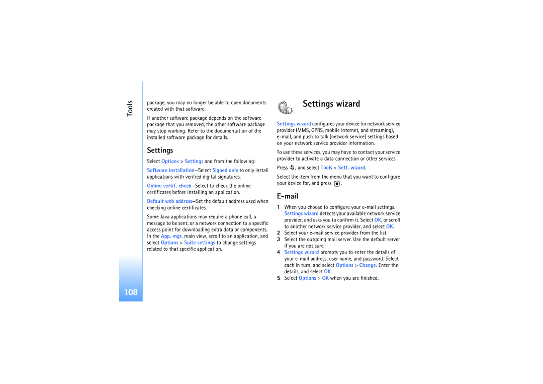 Nokia N92 manual 108, Settings wizard 