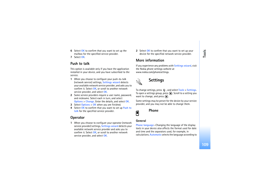Nokia N92 manual 109, Push to talk, Operator, Phone, General 