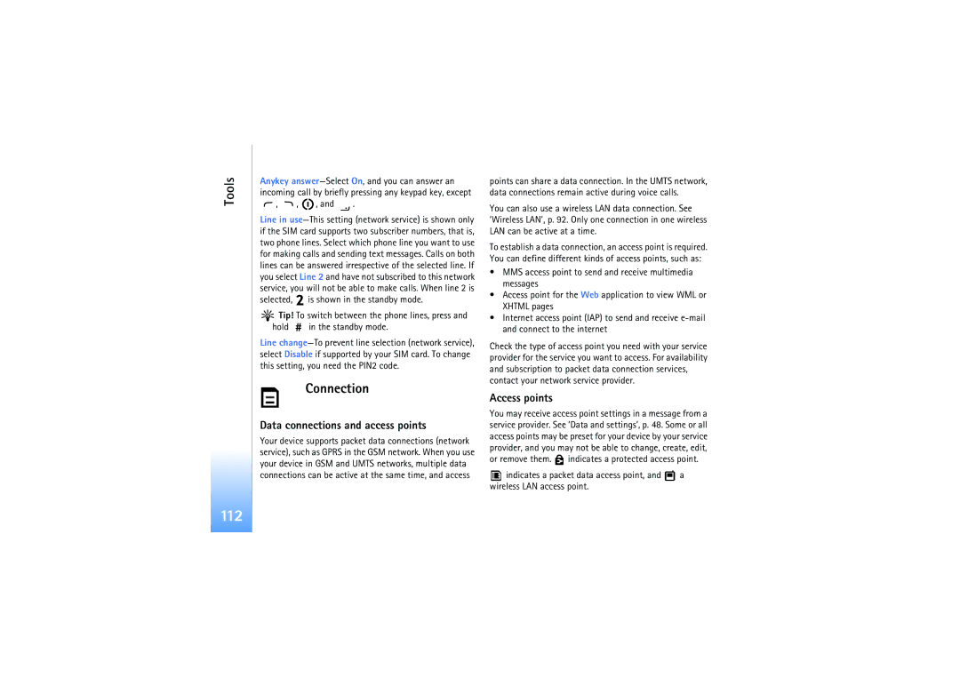Nokia N92 manual 112, Connection, Data connections and access points, Access points 