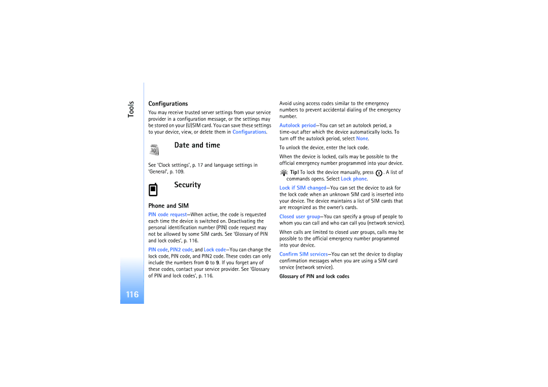 Nokia N92 manual 116, Date and time, Security, Configurations, Phone and SIM 