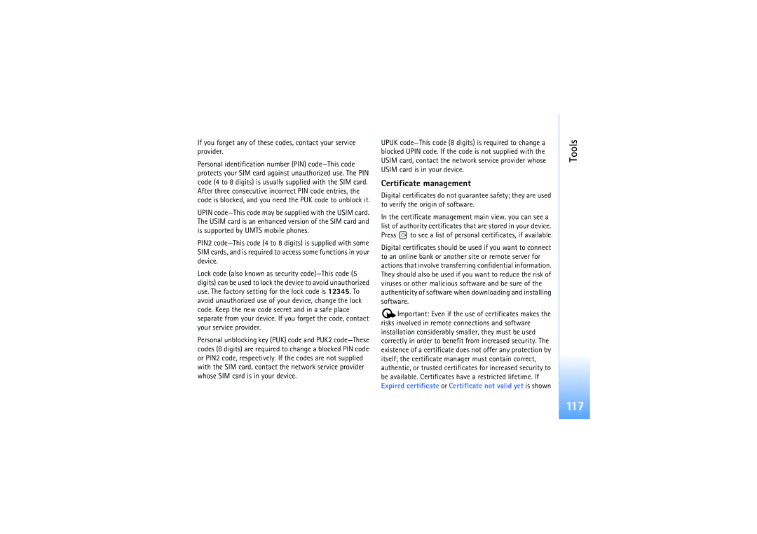 Nokia N92 manual 117, Certificate management 
