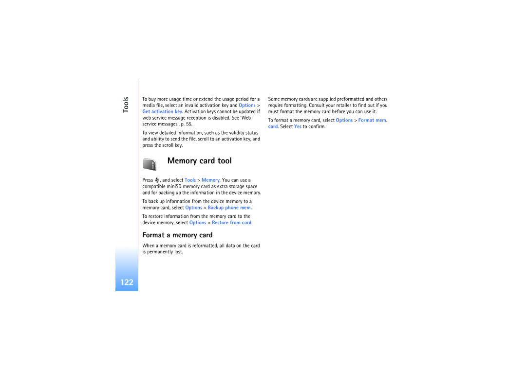 Nokia N92 manual 122, Memory card tool, Format a memory card 