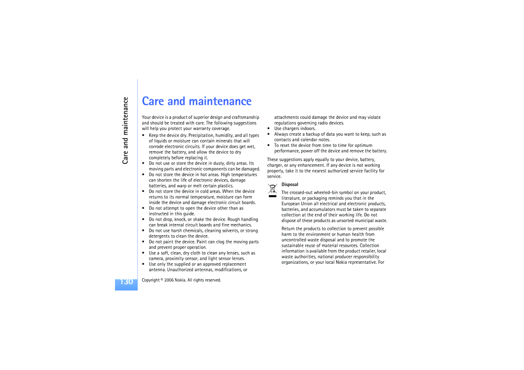 Nokia N92 manual Care and maintenance, 130 