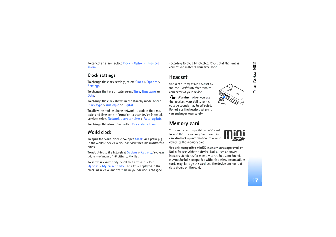 Nokia N92 manual Headset, Memory card, Clock settings, World clock, Alarm 