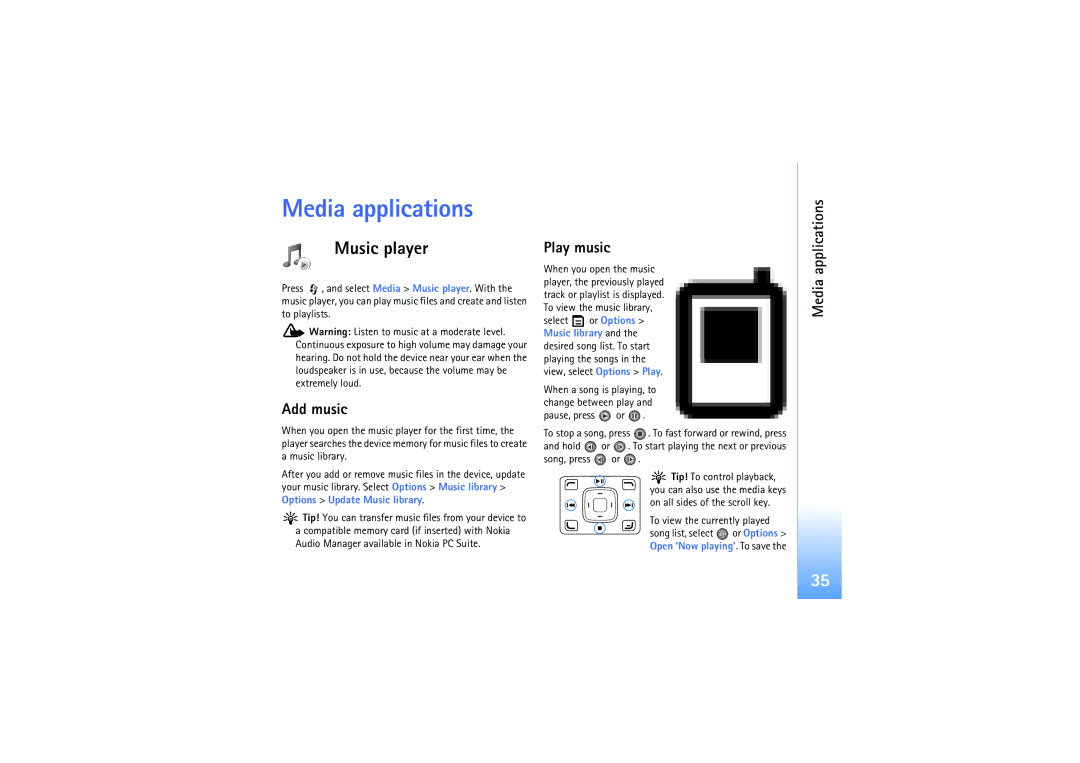 Nokia N92 manual Media applications, Music player, Add music, Play music 