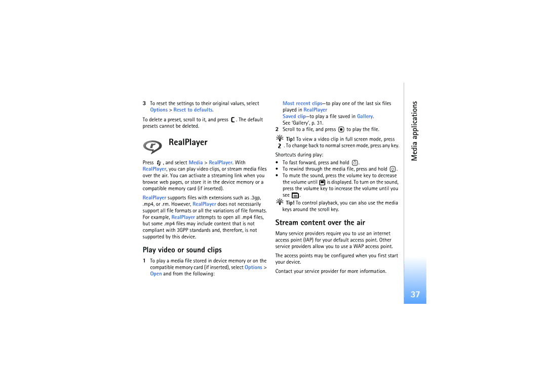 Nokia N92 manual RealPlayer, Play video or sound clips, Stream content over the air 