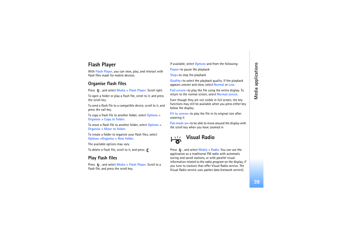 Nokia N92 manual Flash Player, Visual Radio, Organise flash files, Play flash files 
