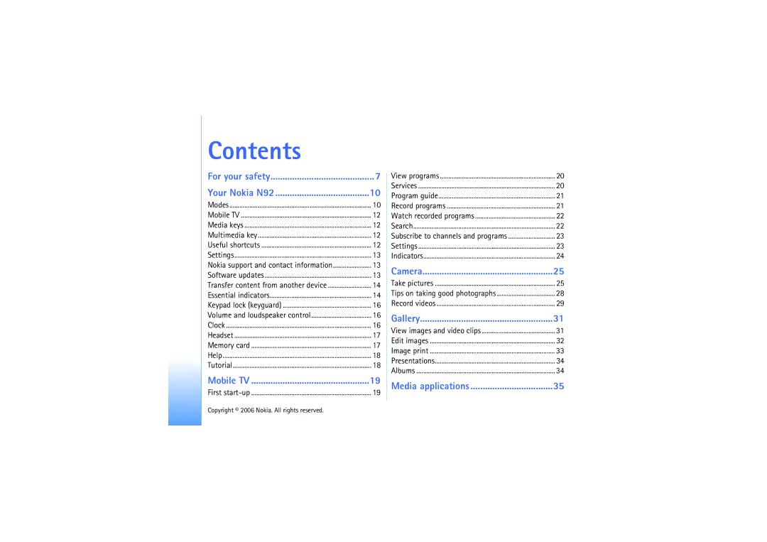 Nokia N92 manual Contents 