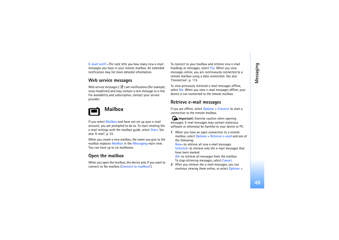 Nokia N92 manual Mailbox, Web service messages, Open the mailbox, Retrieve e-mail messages 