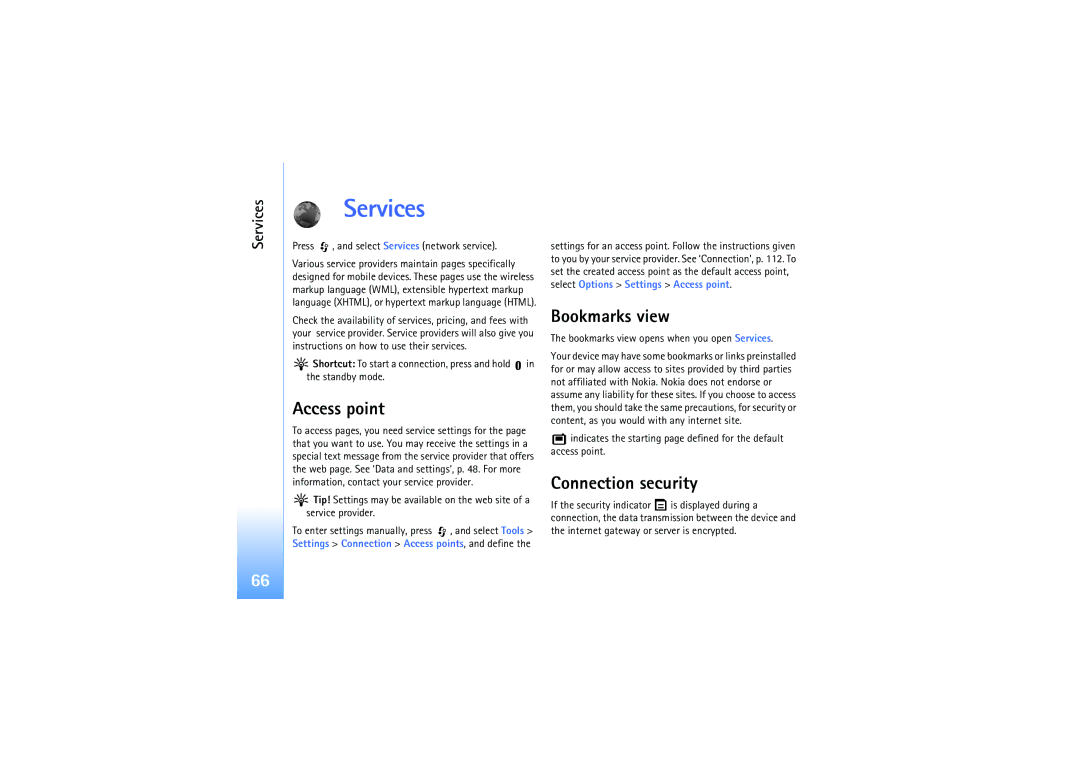 Nokia N92 manual Services, Access point, Bookmarks view, Connection security 