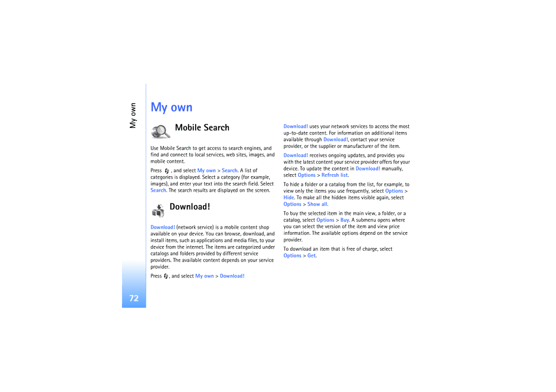 Nokia N92 manual My own, Mobile Search, Download 