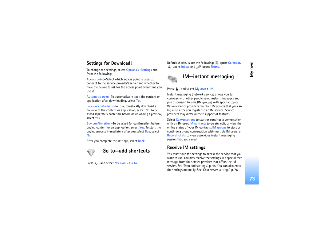 Nokia N92 manual IM-instant messaging, Go to-add shortcuts, Settings for Download, Receive IM settings 