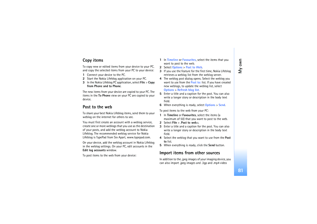 Nokia N92 manual Copy items, Post to the web, Import items from other sources, Select File .Post to web.s 