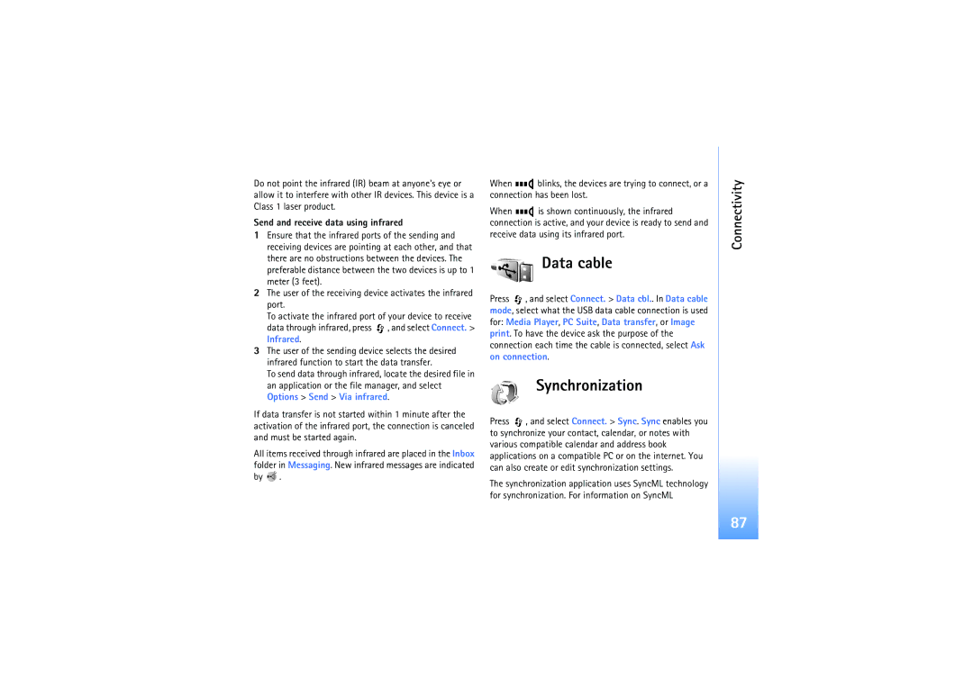 Nokia N92 manual Data cable, Synchronization, Send and receive data using infrared, Infrared 