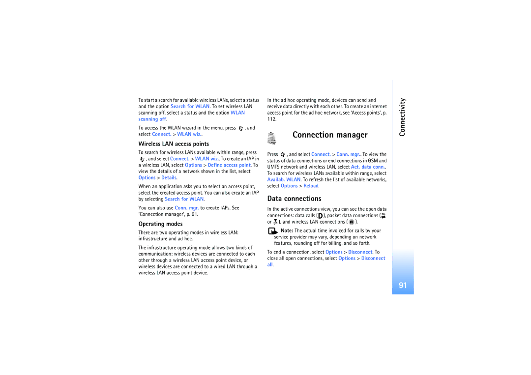 Nokia N92 manual Connection manager, Data connections, Wireless LAN access points, Operating modes 