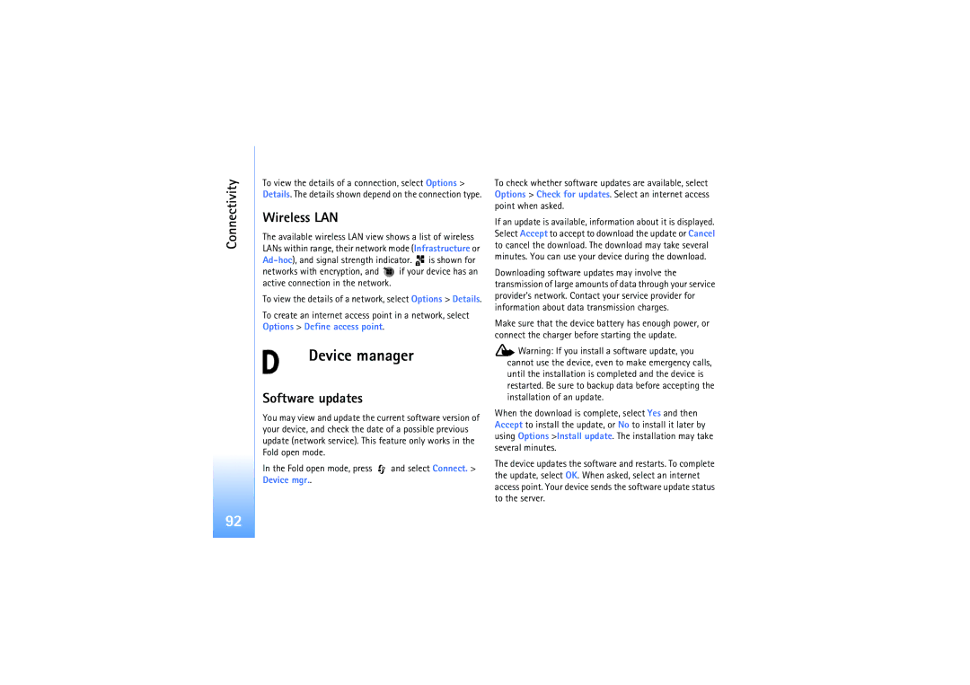 Nokia N92 manual Device manager, Wireless LAN, Software updates 