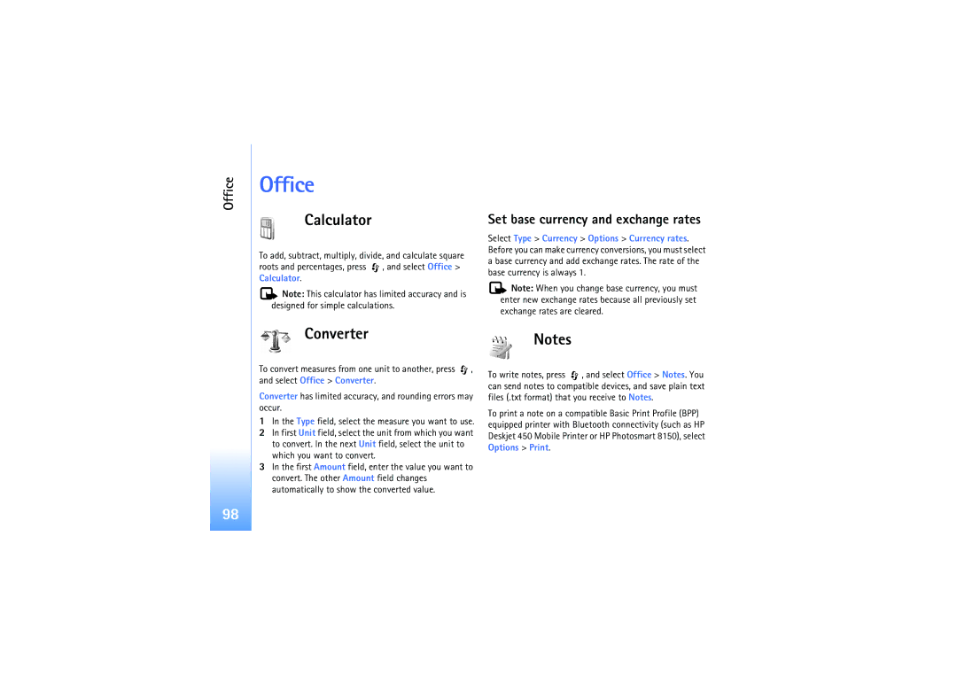 Nokia N92 manual Office, Calculator, Converter, Set base currency and exchange rates 