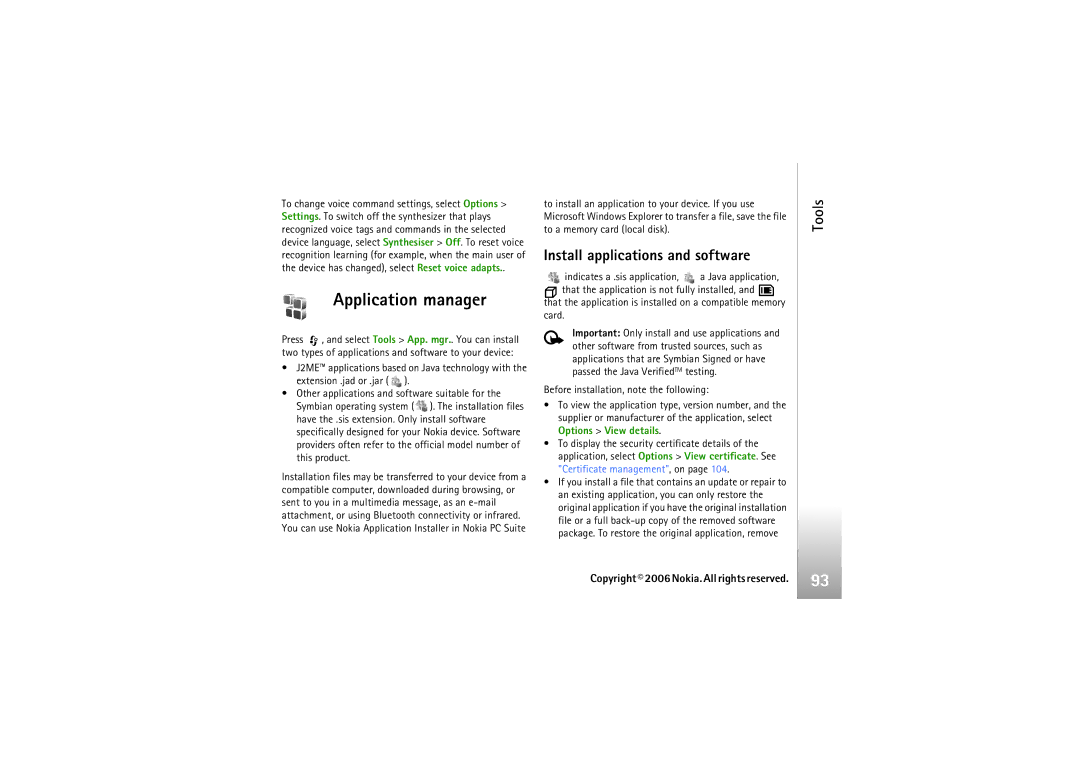 Nokia N93i manual Application manager, Install applications and software 