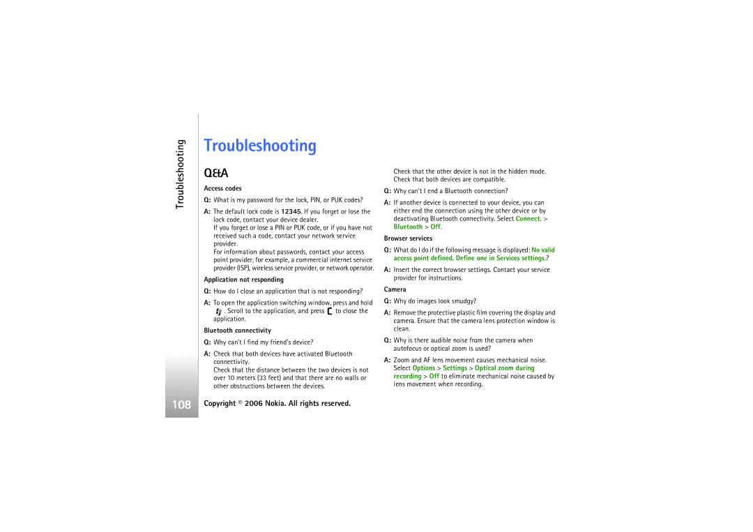 Nokia N93i manual Troubleshooting, 108 