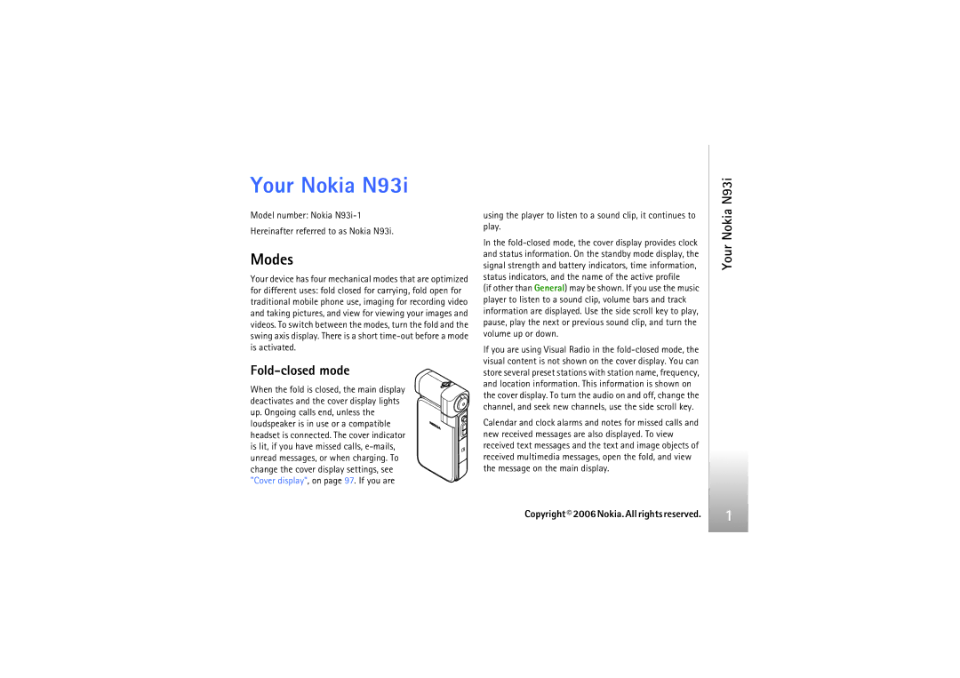 Nokia manual Your Nokia N93i, Modes, Fold-closed mode 