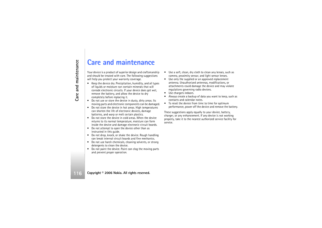 Nokia N93i manual 116, Care and maintenance 