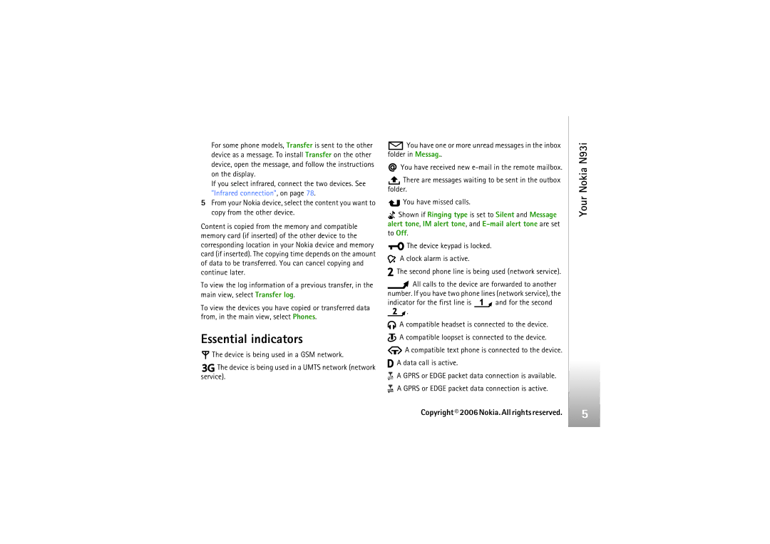 Nokia N93i manual Essential indicators, Second phone line is being used network service 