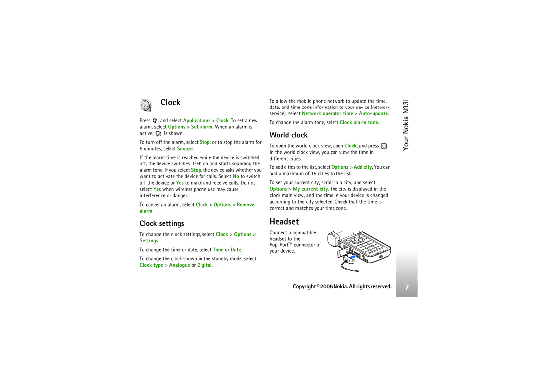 Nokia manual Headset, World clock, Your Nokia N93i Clock settings 