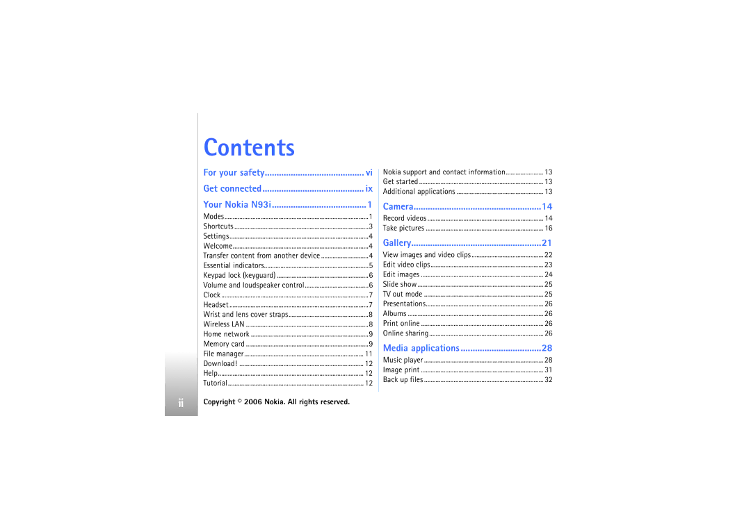 Nokia N93i manual Contents 