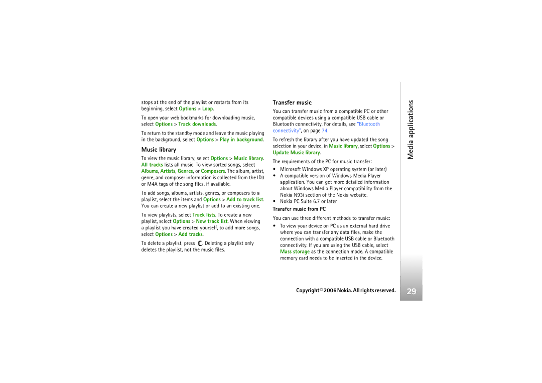 Nokia N93i manual Music library, Nokia PC Suite 6.7 or later, Transfer music from PC 