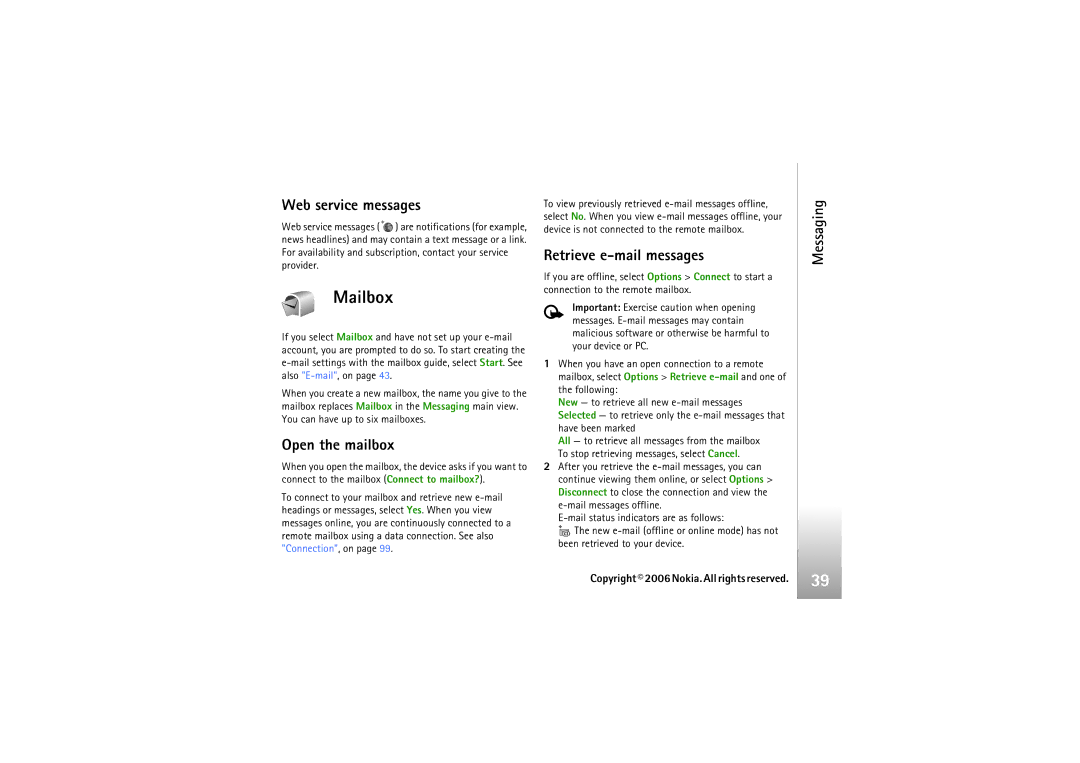 Nokia N93i manual Mailbox, Web service messages, Open the mailbox, Retrieve e-mail messages 