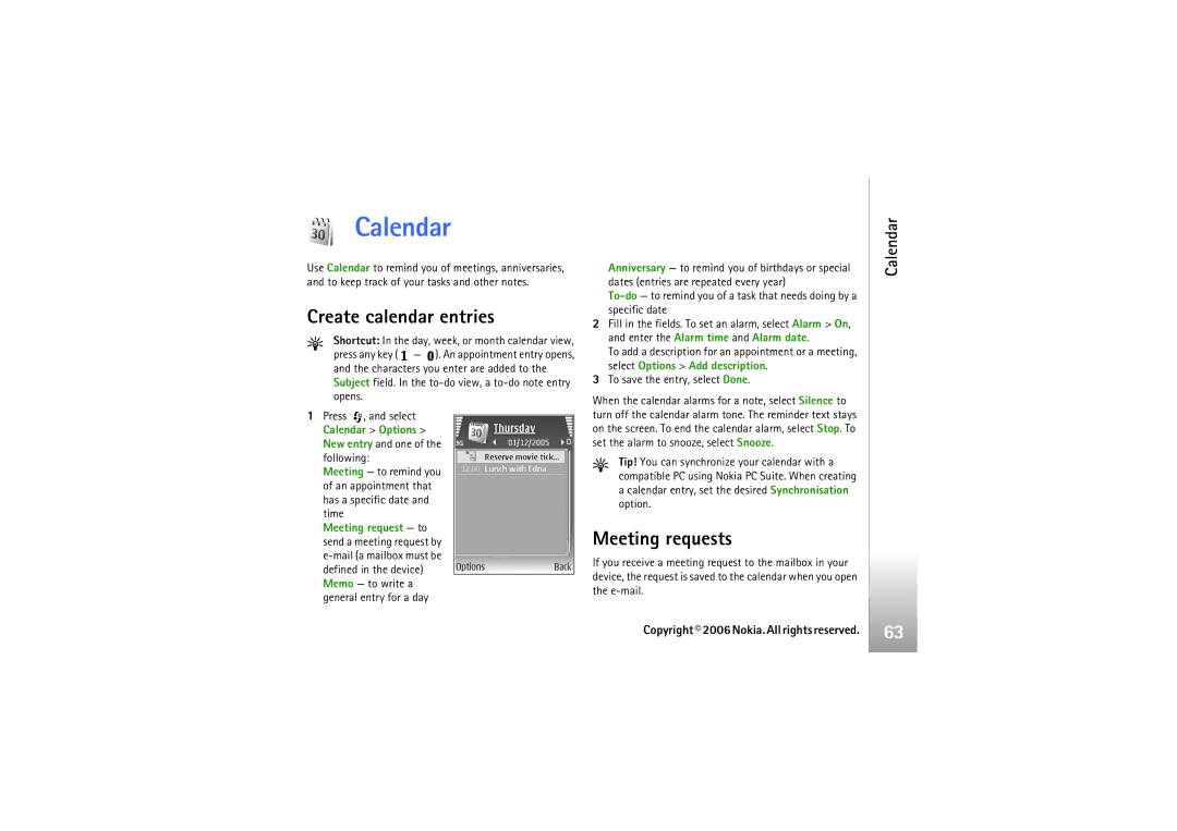 Nokia N93i manual Calendar, Create calendar entries, Meeting requests 