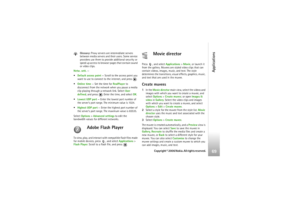 Nokia N93i manual Adobe Flash Player, Movie director, Create muvees, Netw. sett, Select Options Create muvee 