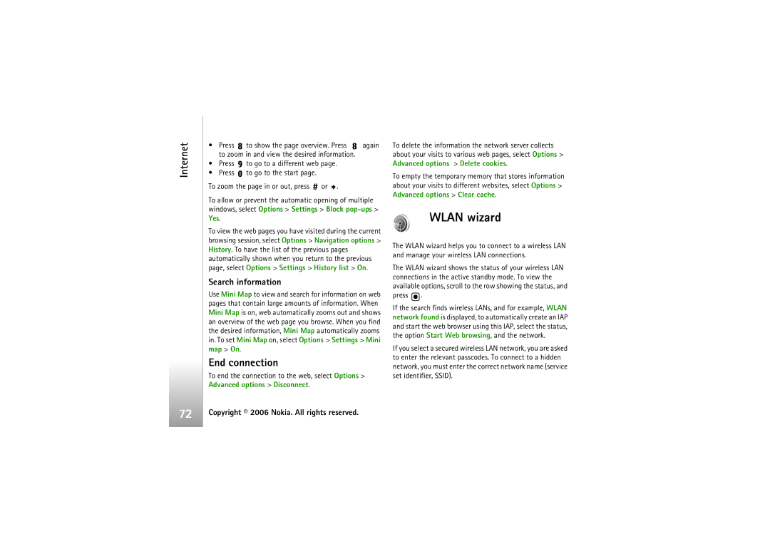 Nokia N93i manual Wlan wizard, End connection, Search information 