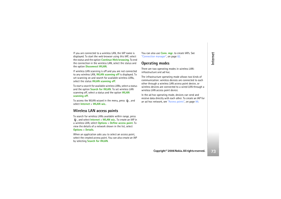 Nokia N93i manual Operating modes, Internet Wireless LAN access points 