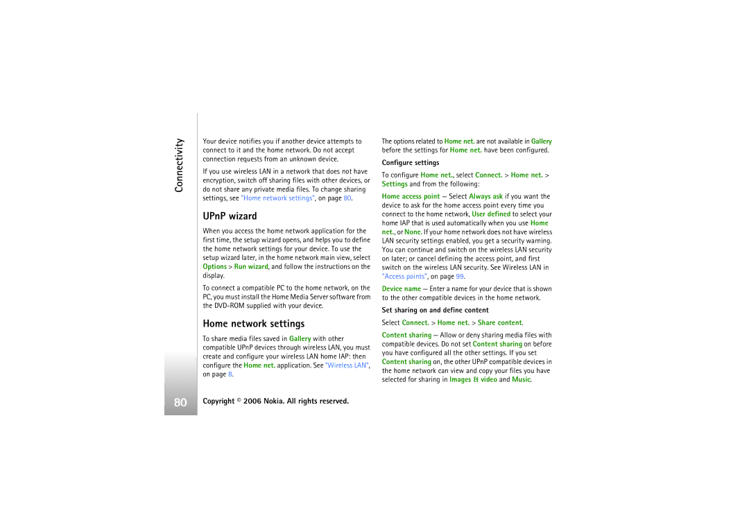 Nokia N93i manual UPnP wizard, Home network settings, Configure settings, Set sharing on and define content 
