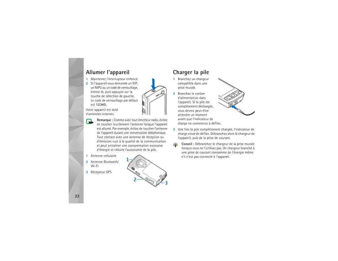 Nokia N95-4 manual Allumer lappareil, Charger la pile 