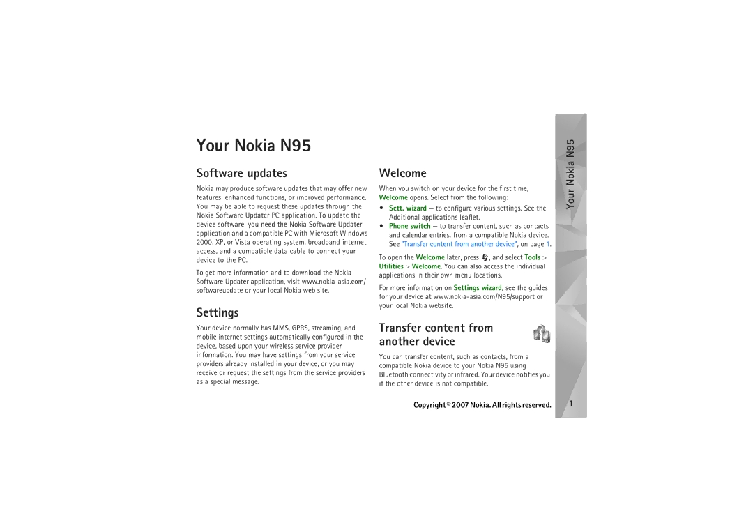Nokia manual Your Nokia N95, Software updates, Settings, Welcome 