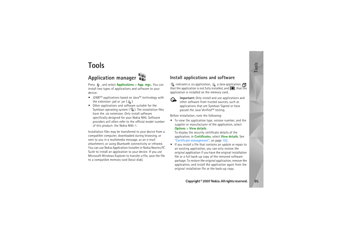 Nokia N95 manual Tools, Application manager, Install applications and software 
