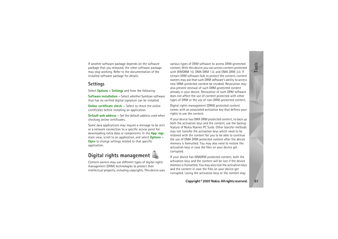 Nokia N95 manual Digital rights management, Settings 