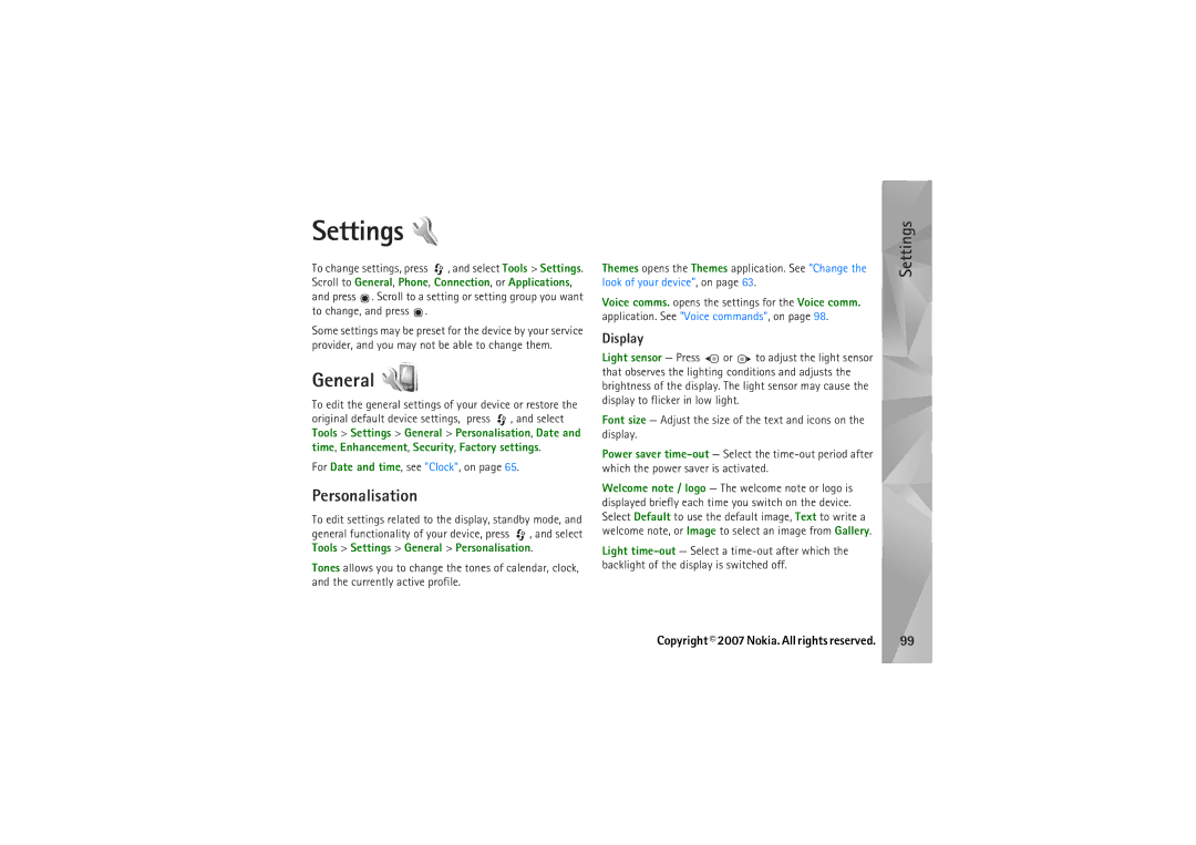 Nokia N95 manual Settings, General, Personalisation, Display, For Date and time, see Clock, on 