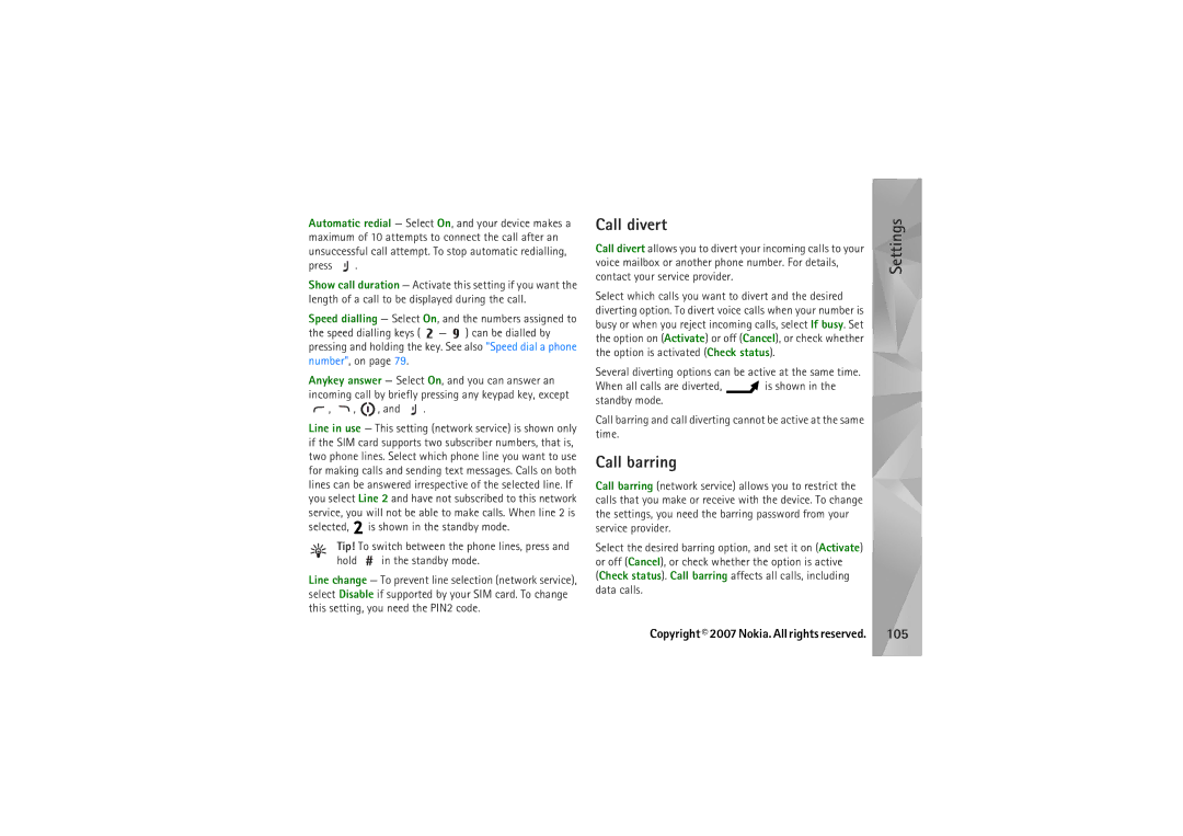 Nokia N95 manual Call divert, Call barring, Hold in the standby mode 