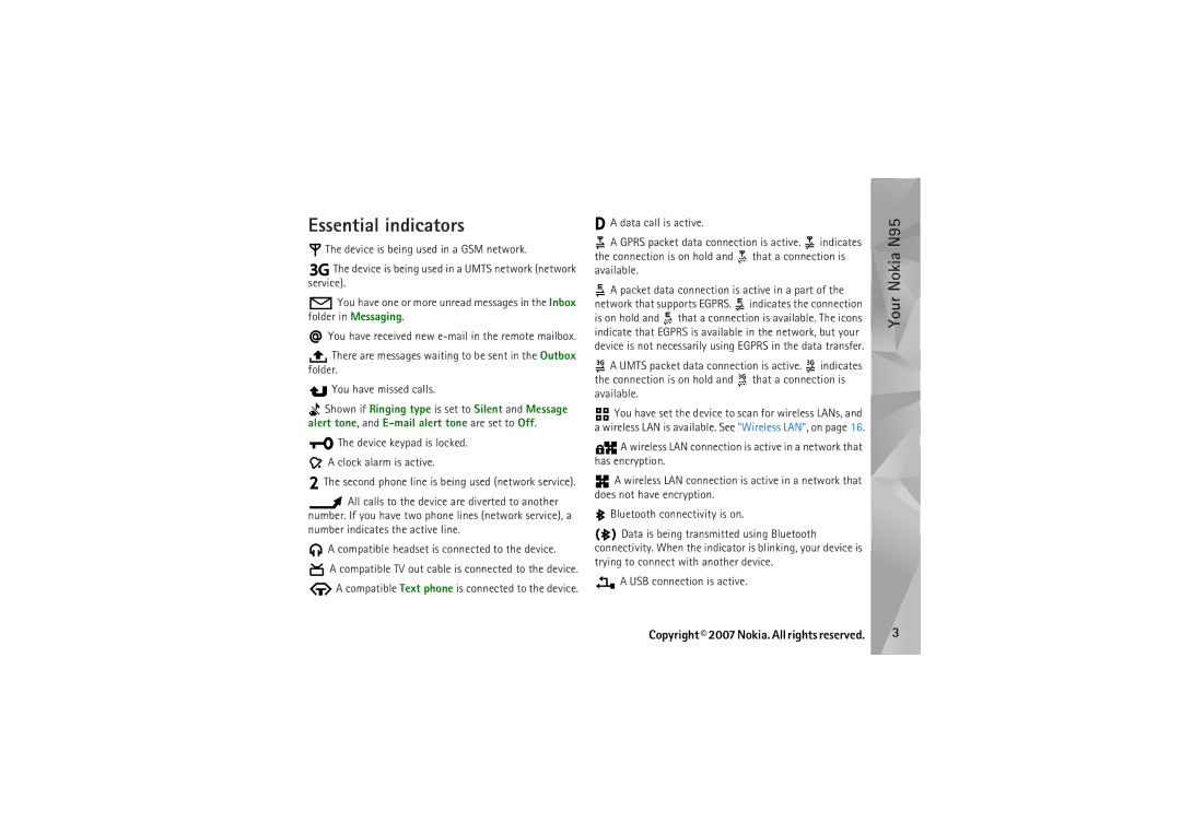 Nokia N95 manual Essential indicators, Device keypad is locked Clock alarm is active 
