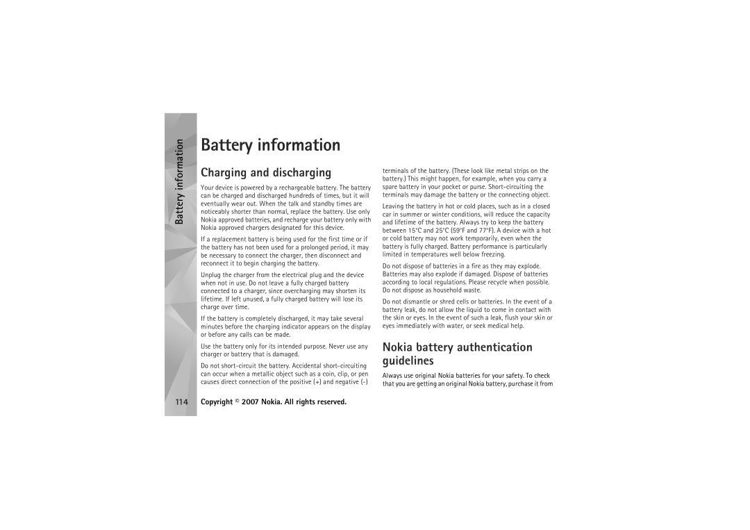 Nokia N95 manual Battery information, Charging and discharging 