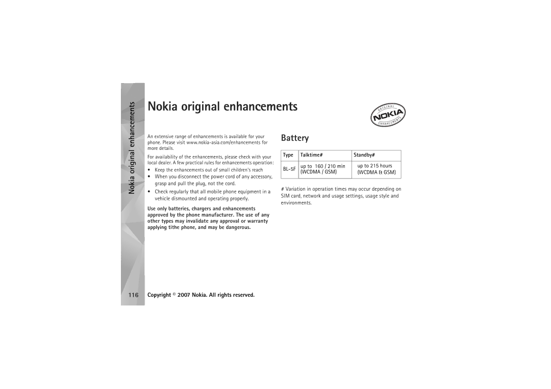 Nokia N95 manual Nokia original enhancements, Battery 